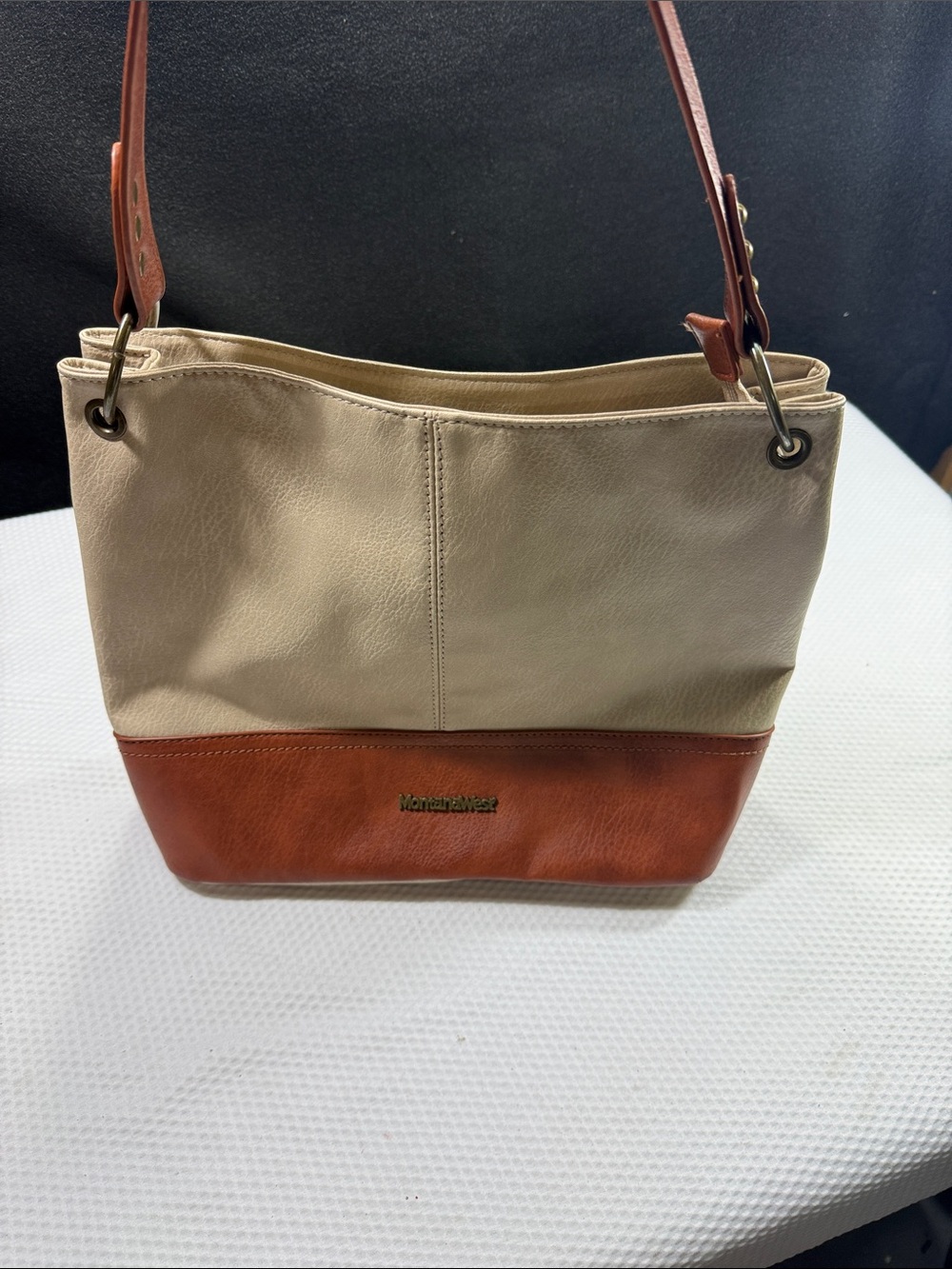 Montana West Beige and Brown Two-Tone Leather Hobo Shoulder Bag